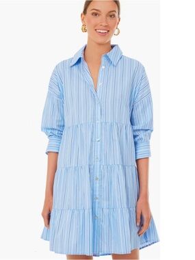 Tuckernuck Cara Light Blue and White Stripe Tiered Shirt Dress